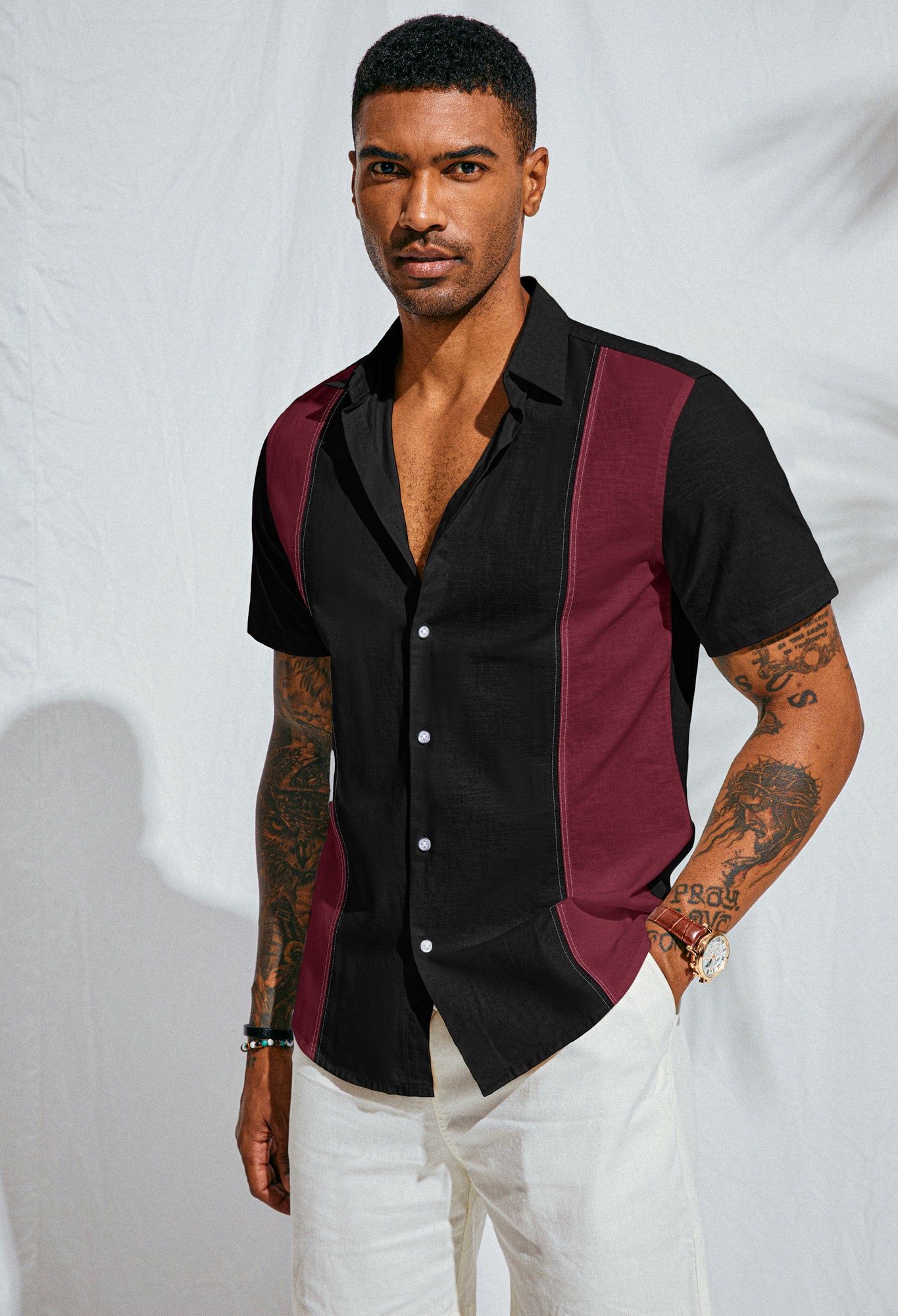 Men's Cotton Linen Shirts Short Sleeve Casual Contrast Button Down Shirt Breathable Dress Shirts sold by Paul Jones product image thumbnail 4