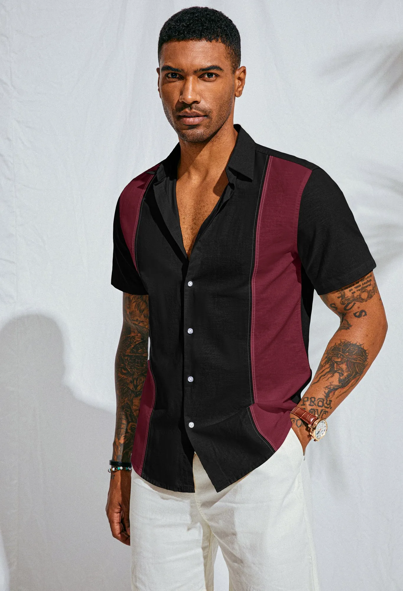 Men's Cotton Linen Shirts Short Sleeve Casual Contrast Button Down Cardigan Shirt Breathable Dress Shirts sold by Paul Jones product image thumbnail 4