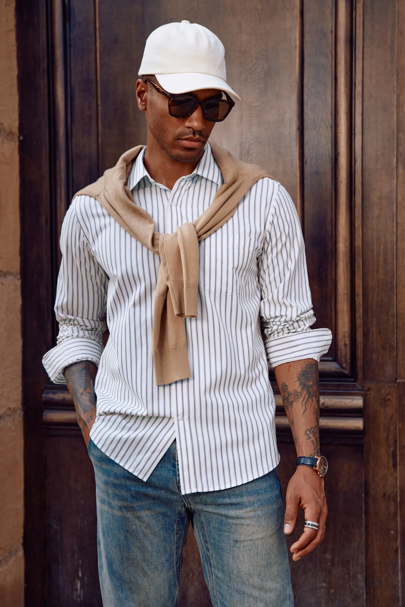 Men's Striped Button Down Shirts Long Sleeve Regular Fit Casual Cardigans Shirts with Pockets sold by Paul Jones