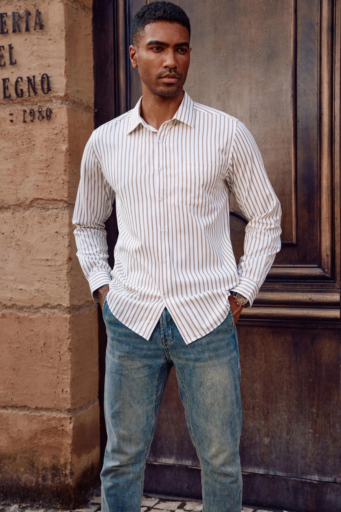 Men's Striped Button Down Shirts Long Sleeve Regular Fit Casual Cardigans Shirts with Pockets sold by Paul Jones product image thumbnail 5