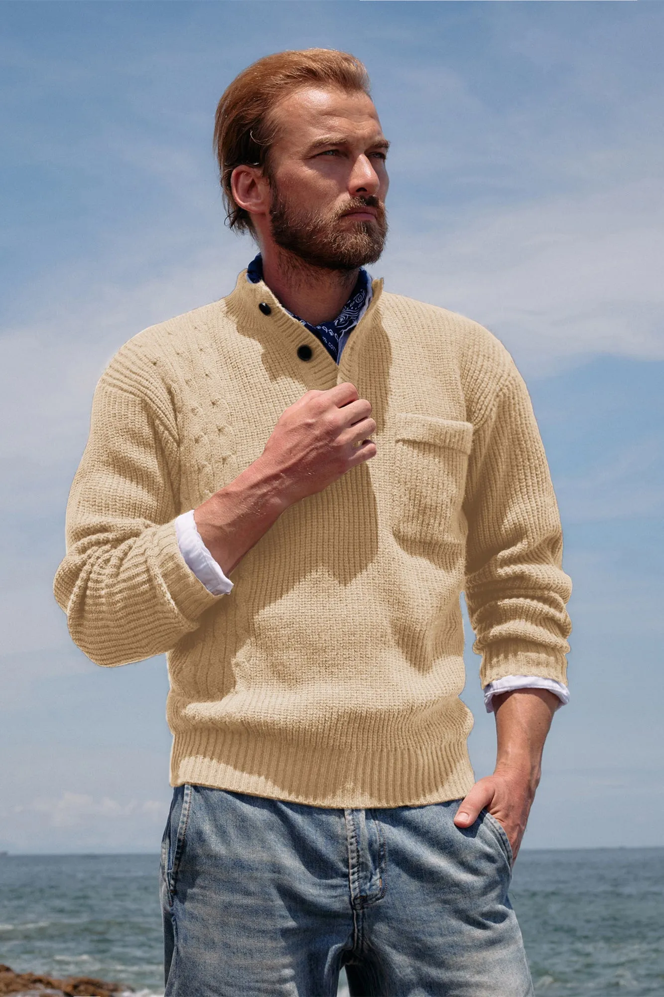 Men's Quarter Button Sweater Stand Collar Knitted Pullover Henley Sweater sold by Paul Jones