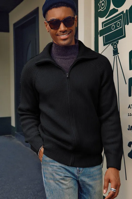 Men's Full Zip Cardigan Sweaters Unisex Lapel Collar Sleeve Casual Ribbed Sweater sold by Paul Jones