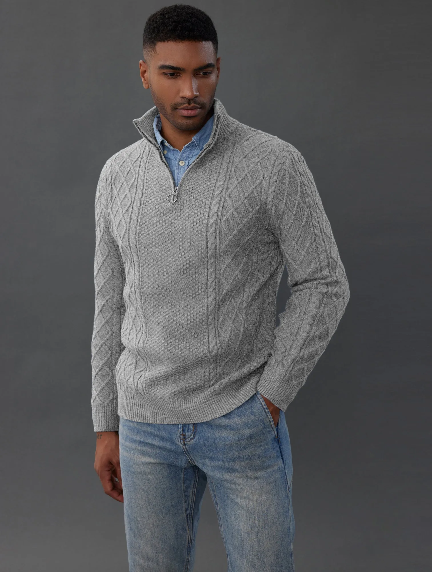 Men's Casual Quarter-Zip Sweaters Cable Knit Thermal Pullovers sold by Paul Jones