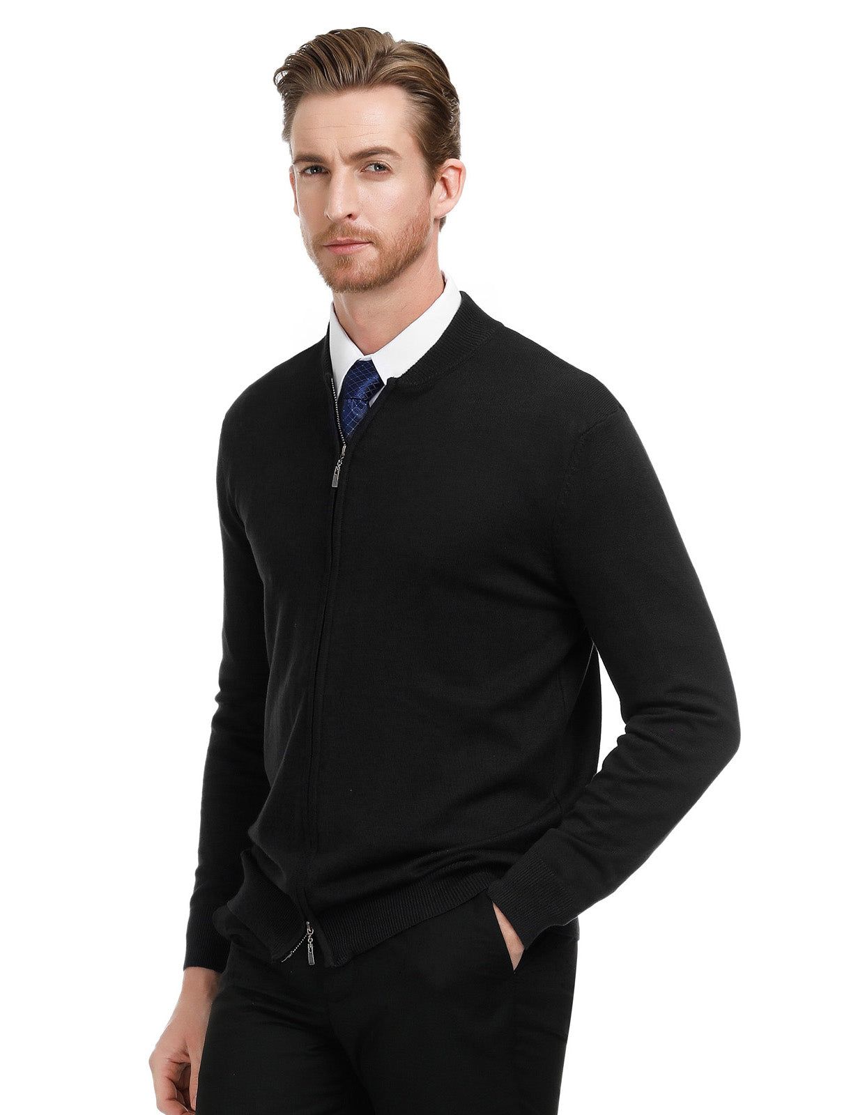 Men Slim Fit Long Sleeve Stand Collar Two-Way Zipper Knitting Baseball Jacket sold by Paul Jones product image thumbnail 2