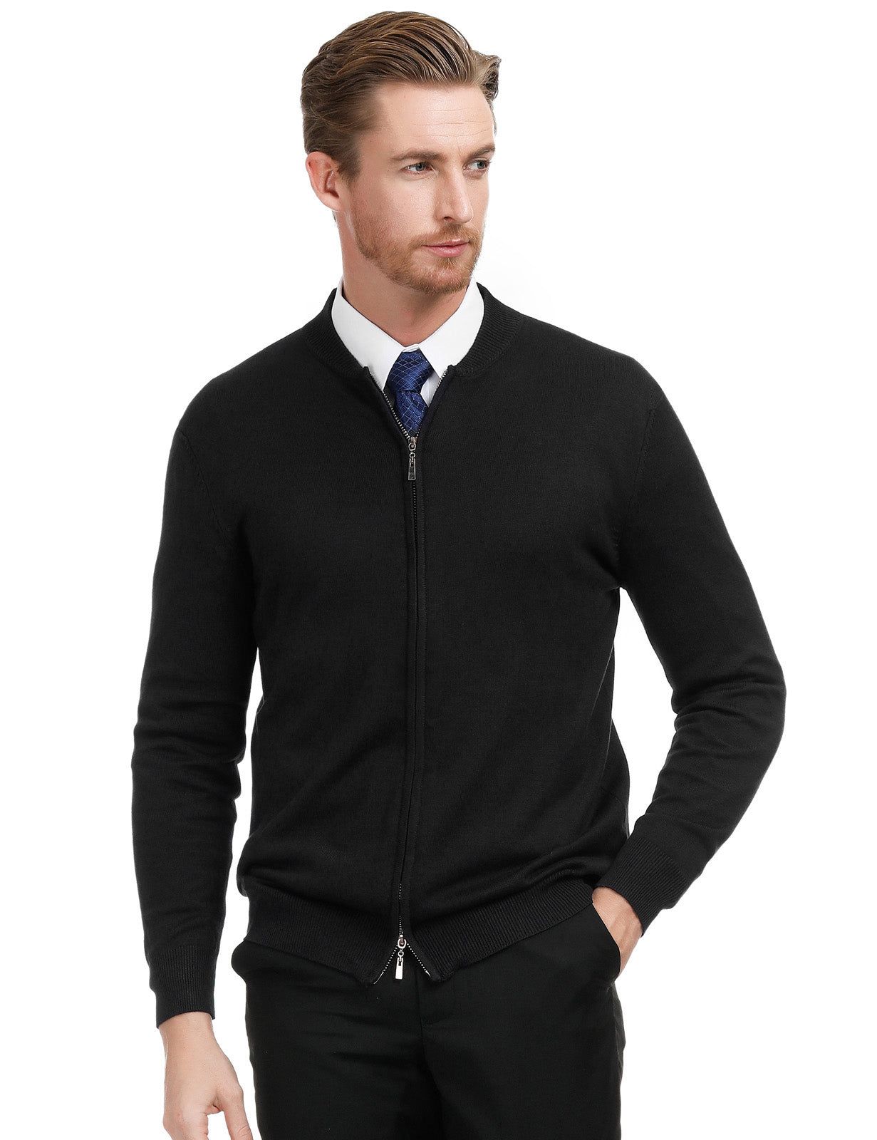 Men Slim Fit Long Sleeve Stand Collar Two-Way Zipper Knitting Baseball Jacket sold by Paul Jones