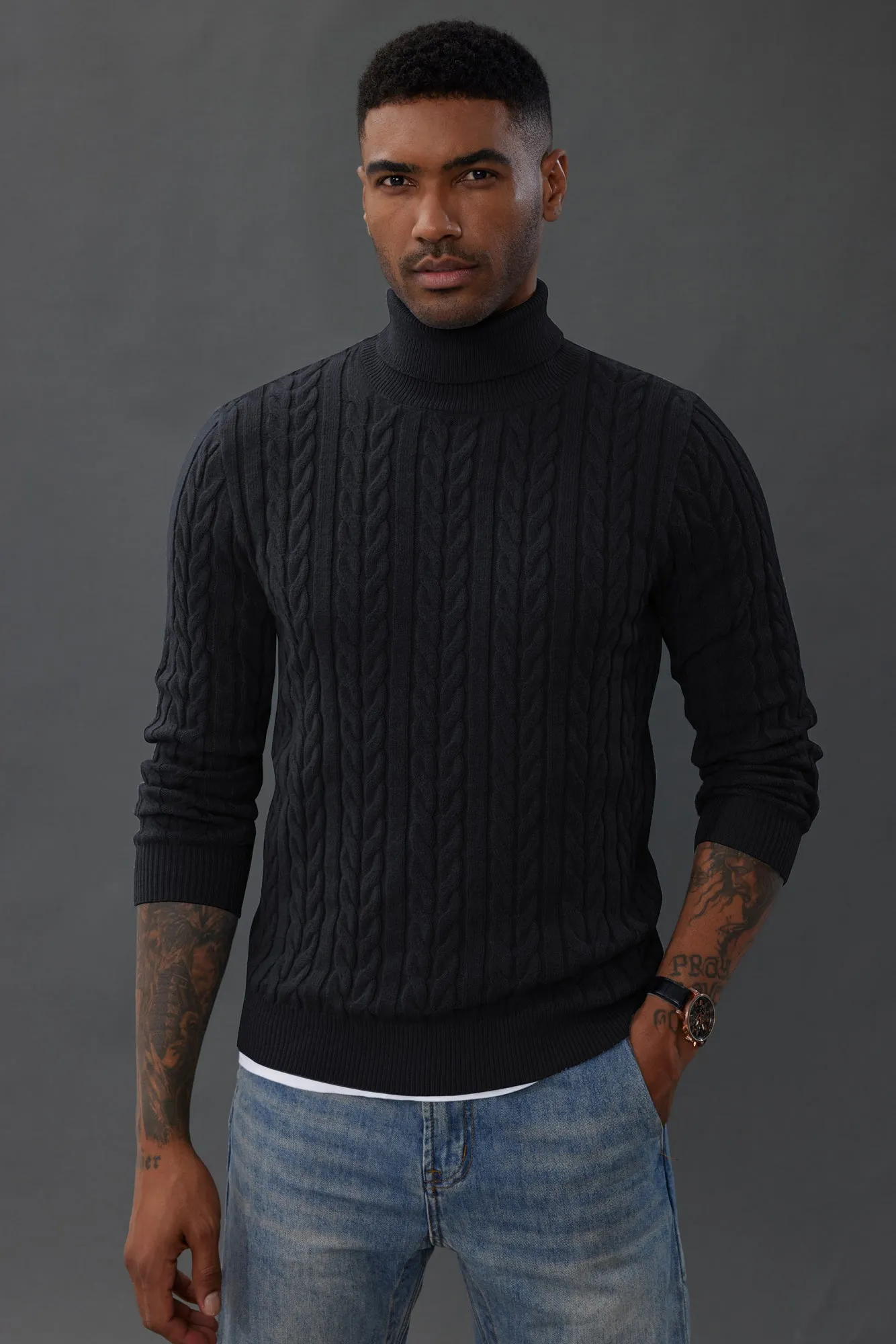 Men's Turtneck Pullover Sweaters Cable Knit Long Sleeve Sweater sold by Paul Jones product image thumbnail 2