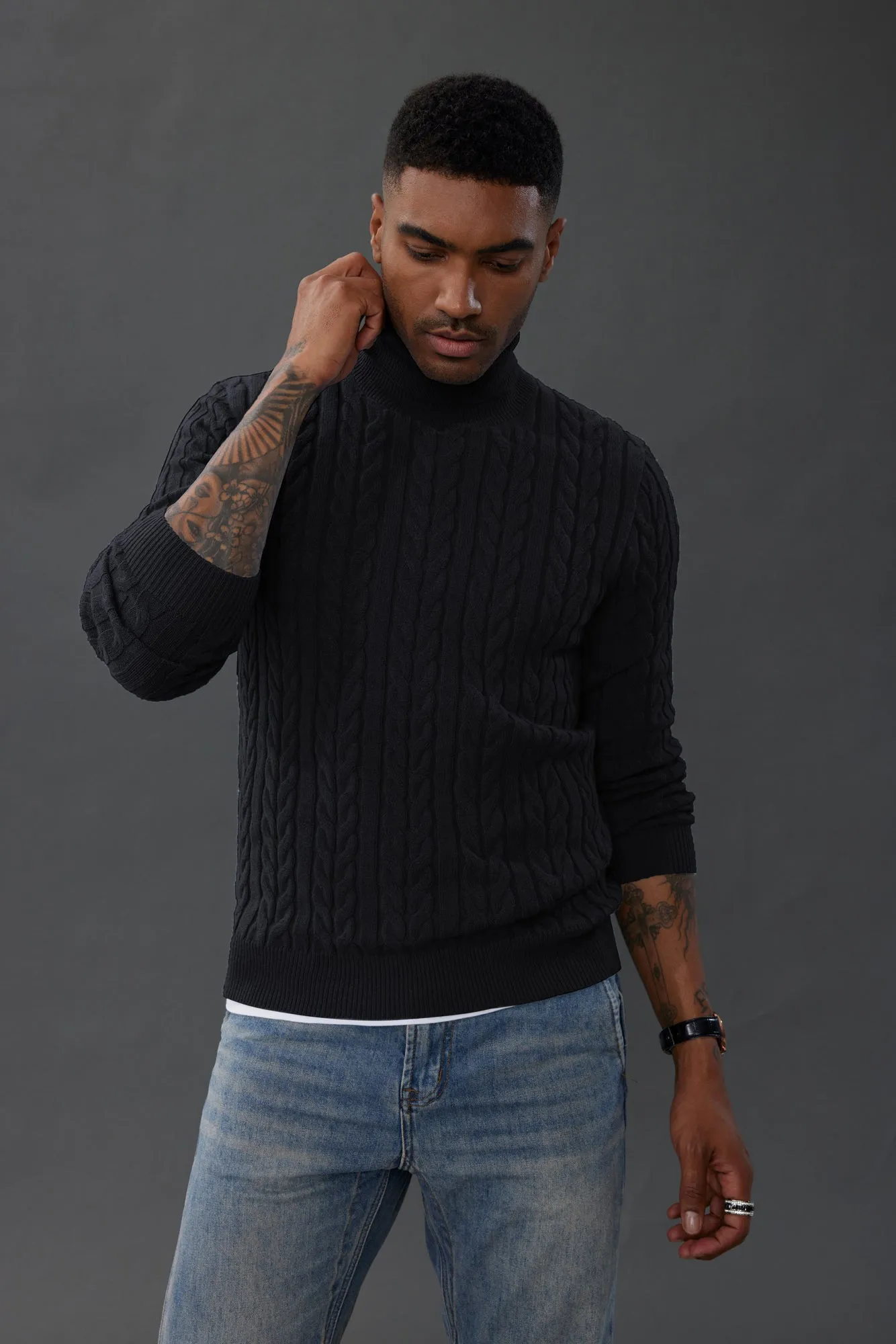 Men's Turtneck Pullover Sweaters Cable Knit Long Sleeve Sweater sold by Paul Jones