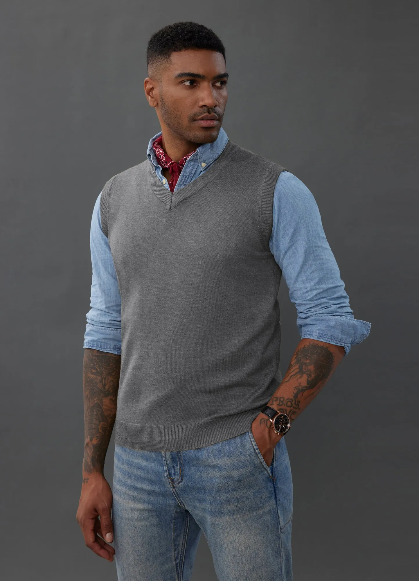 Mens V-Neck Knitted Sweater Vest Solid Plain Sleeveless Pullover Knitwears sold by Paul Jones