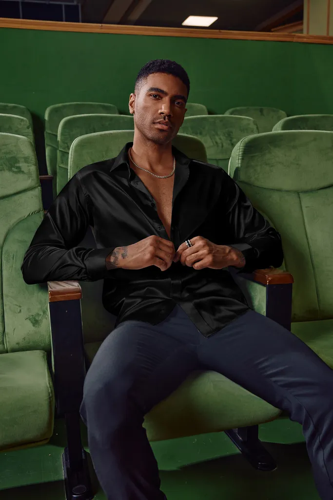 Men's Shiny Satin Dress Shirts Long Sleeve Button Down Silk Cardigans Shirt with Bow Tie sold by Paul Jones product image thumbnail 5