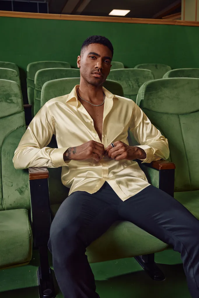 Men's Shiny Satin Dress Shirts Long Sleeve Button Down Silk Cardigans Shirt with Bow Tie sold by Paul Jones product image thumbnail 2