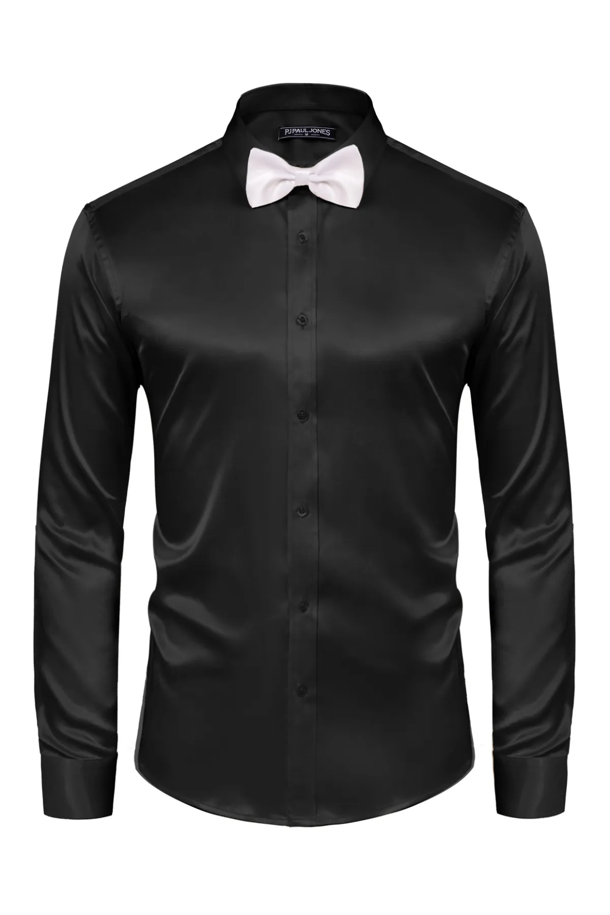 Men's Shiny Satin Dress Shirts Long Sleeve Button Down Silk Cardigans Shirt with Bow Tie sold by Paul Jones product image thumbnail 3