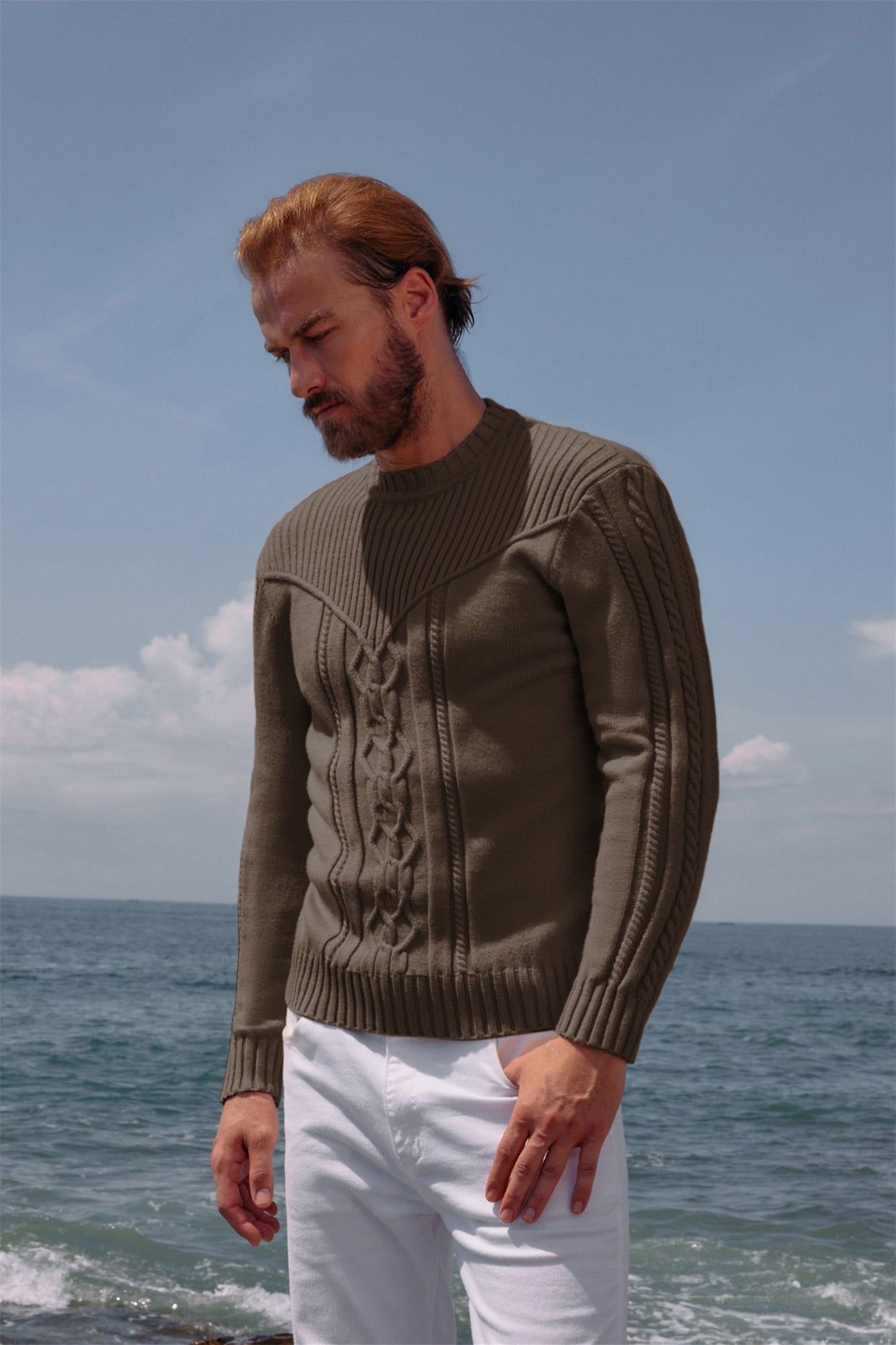 Mens Crewneck Sweater Lightweight Slim Fit Long Sleeve Cable Knitted Sweaters sold by Paul Jones