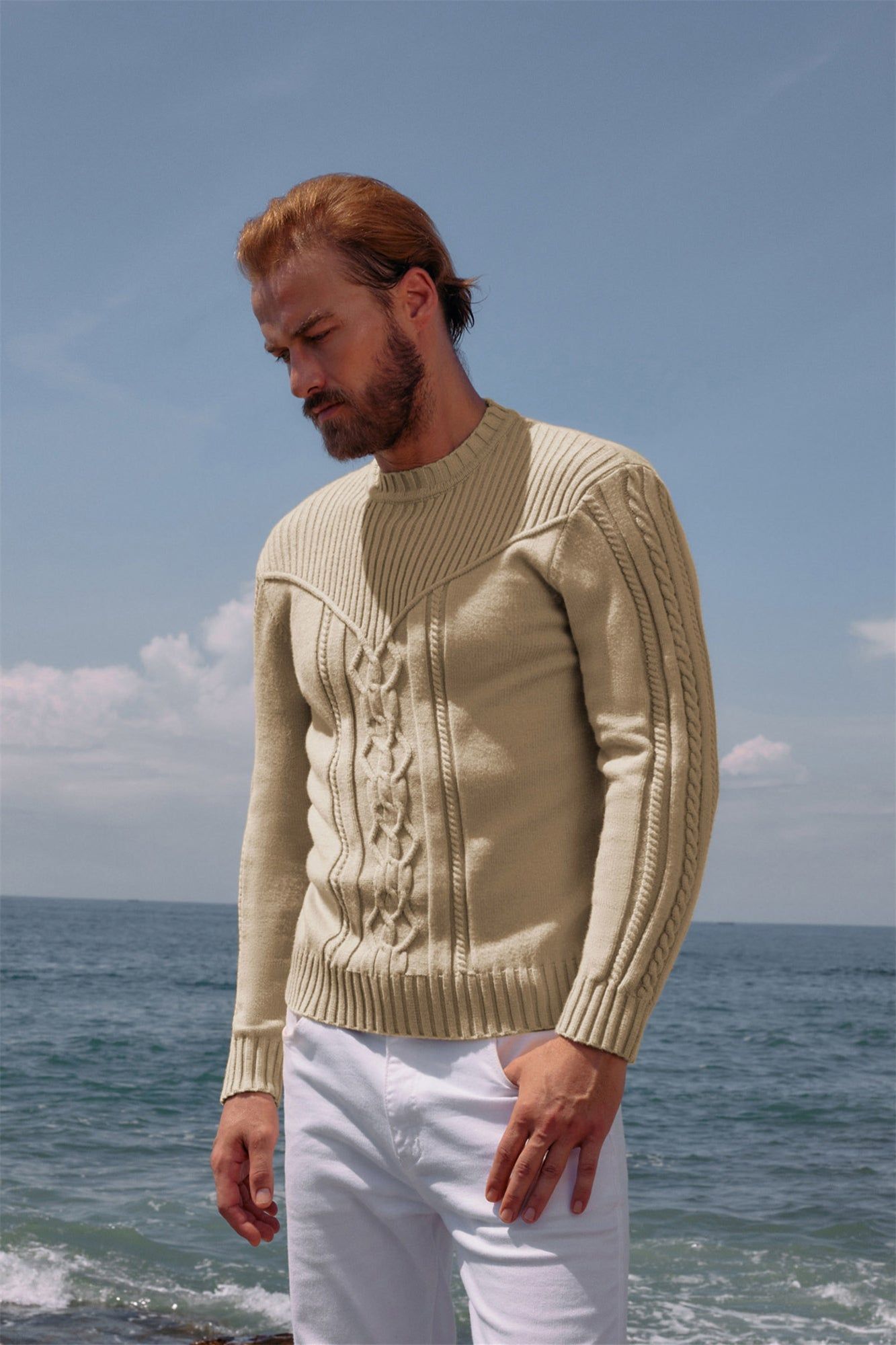 Mens Crewneck Sweater Lightweight Slim Fit Long Sleeve Cable Knitted Sweaters sold by Paul Jones product image thumbnail 5