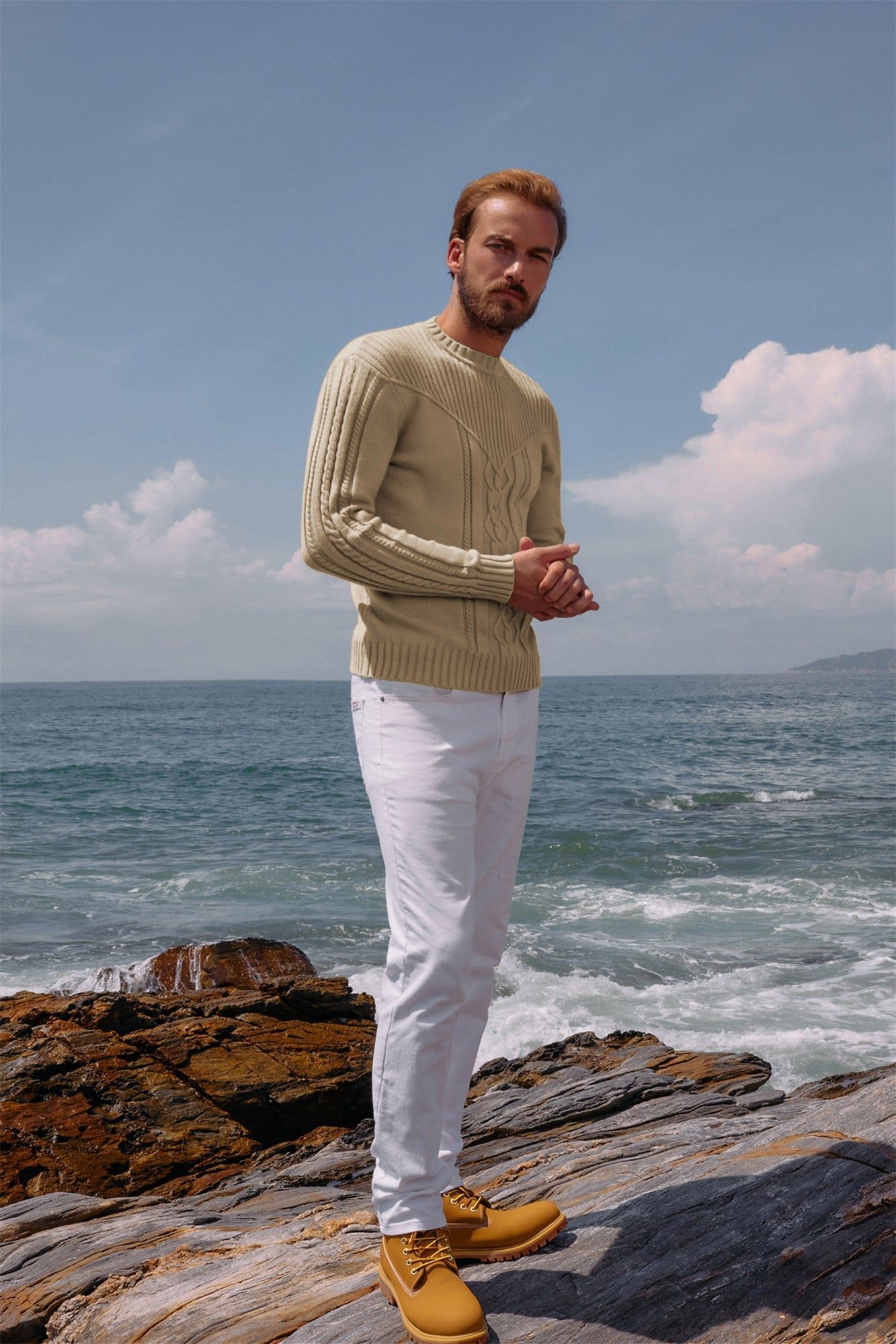 Mens Crewneck Sweater Lightweight Slim Fit Long Sleeve Cable Knitted Sweaters sold by Paul Jones product image thumbnail 2