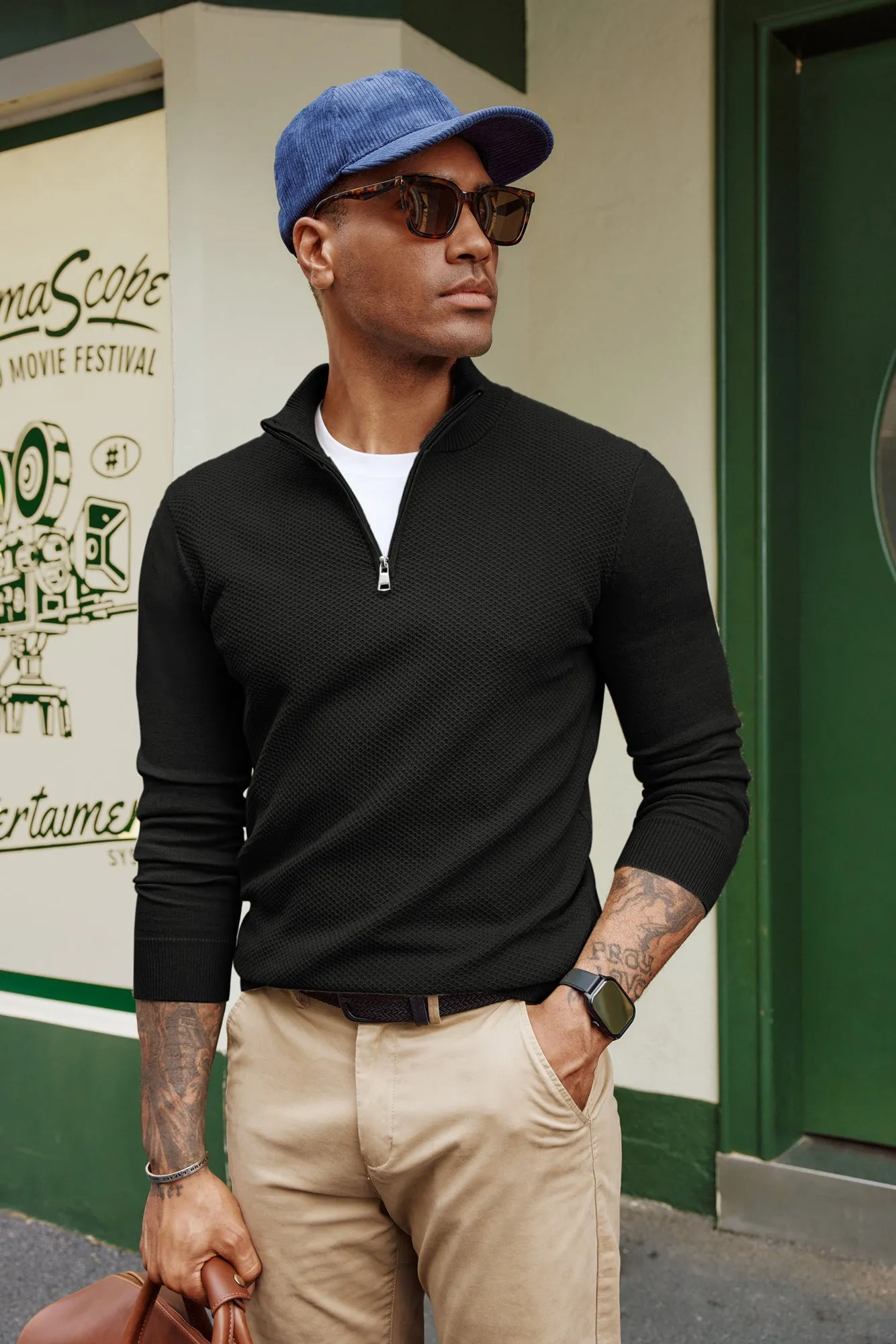 Men Textured Sweater Long Sleeve Stand Collar Zip-up Neck Pullover Knitwear sold by Paul Jones