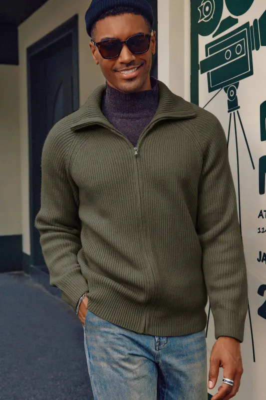 Full Zip Cardigan Sweaters Unisex Lapel Collar Raglan Sleeve Casual Ribbed Sweater sold by Paul Jones