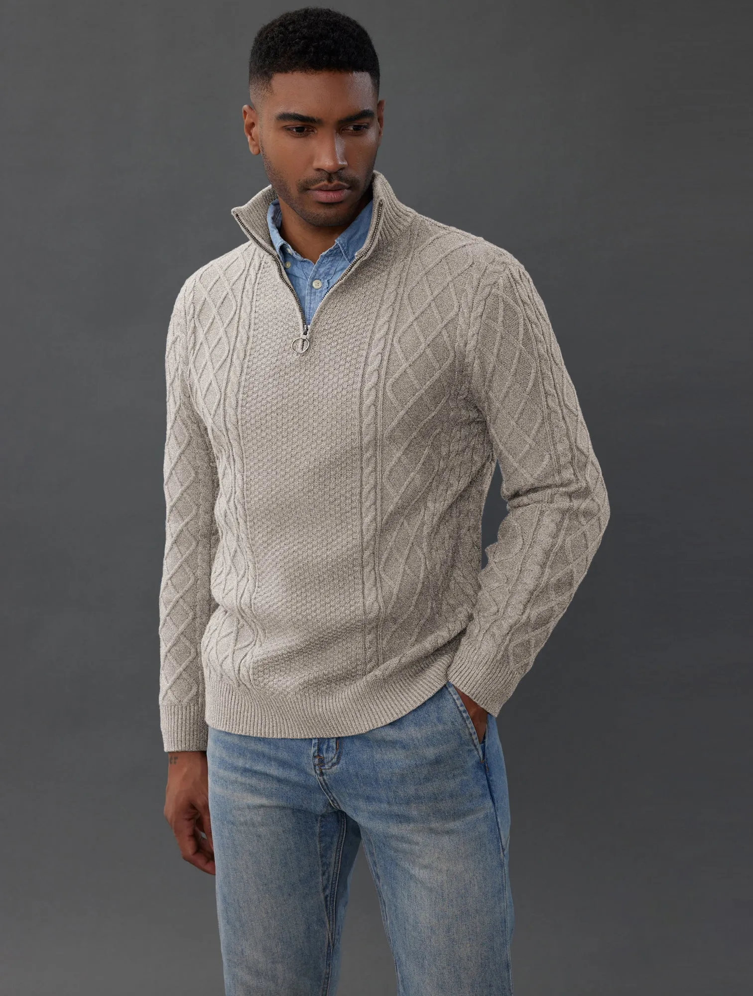 Men's Quarter-Zip Sweaters Cable Knit Thermal Pullover sold by Paul Jones
