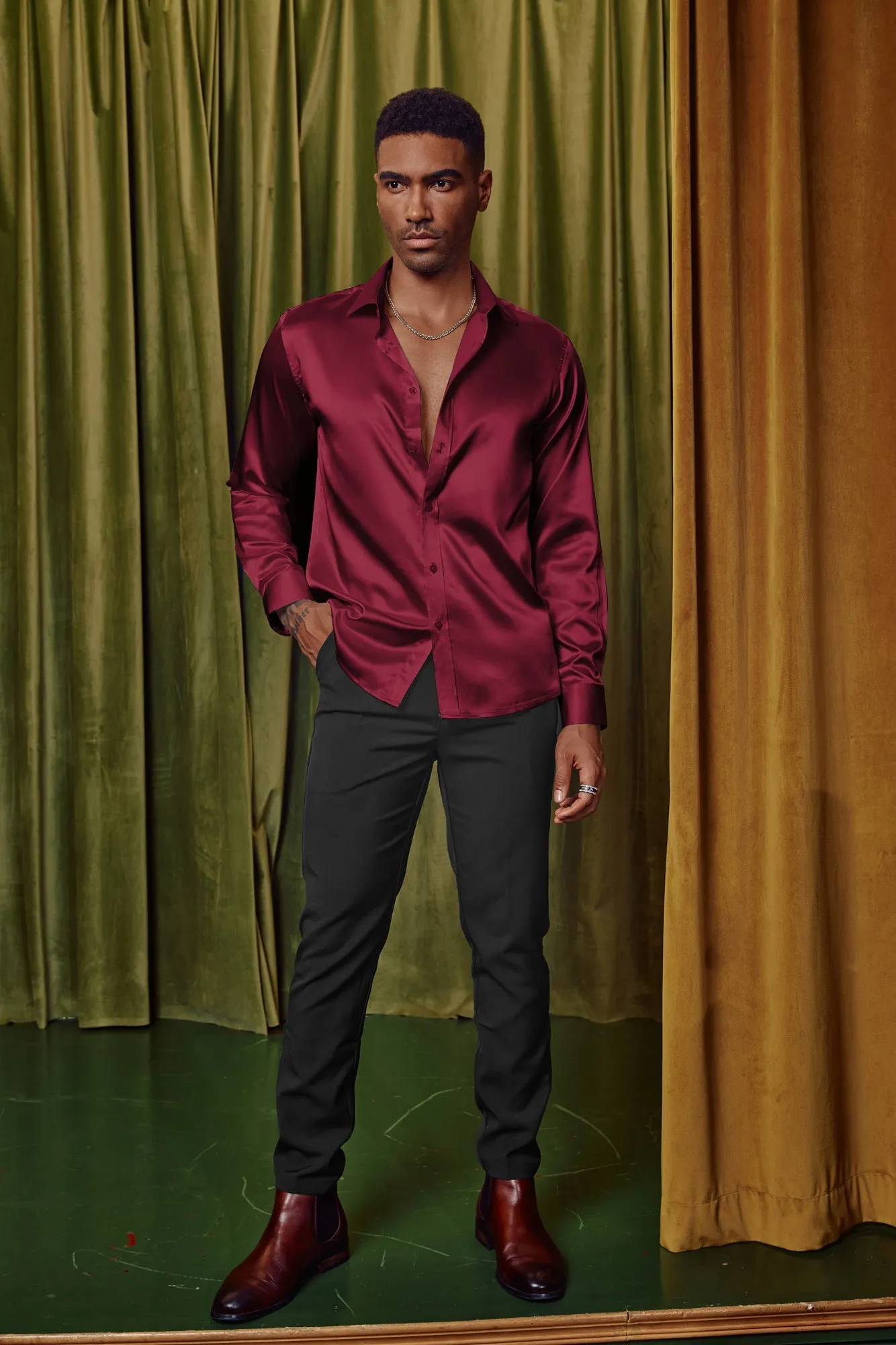 Men's Shiny Satin Dress Shirts Long Sleeve Silk Cardigans Shirt with Bow Tie sold by Paul Jones product image thumbnail 2