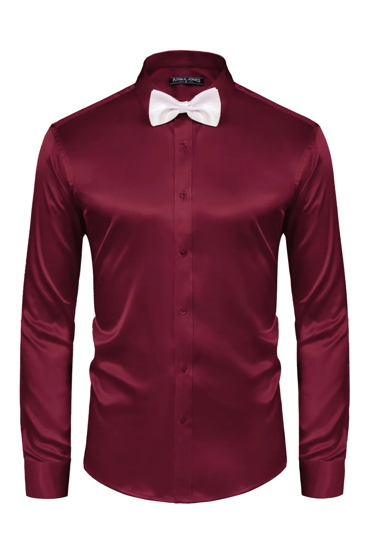 Men's Shiny Satin Dress Shirts Long Sleeve Silk Cardigans Shirt with Bow Tie sold by Paul Jones product image thumbnail 3