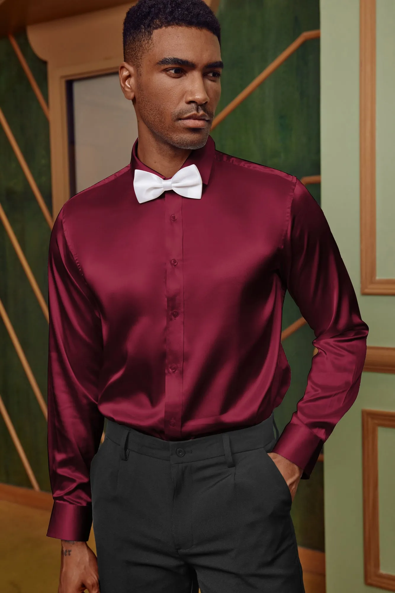 Men's Shiny Satin Dress Shirts Long Sleeve Silk Cardigans Shirt with Bow Tie sold by Paul Jones product image thumbnail 5