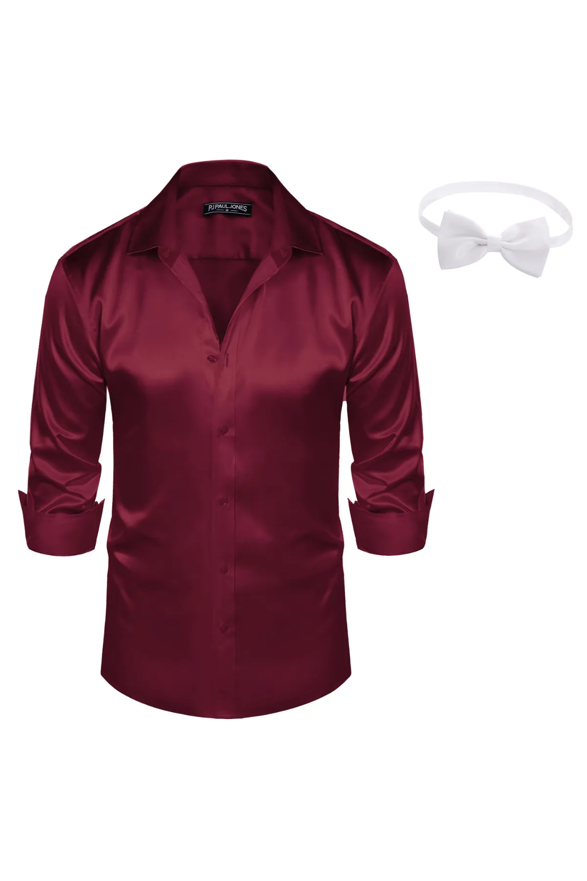 Men's Shiny Satin Dress Shirts Long Sleeve Silk Cardigans Shirt with Bow Tie sold by Paul Jones product image thumbnail 4