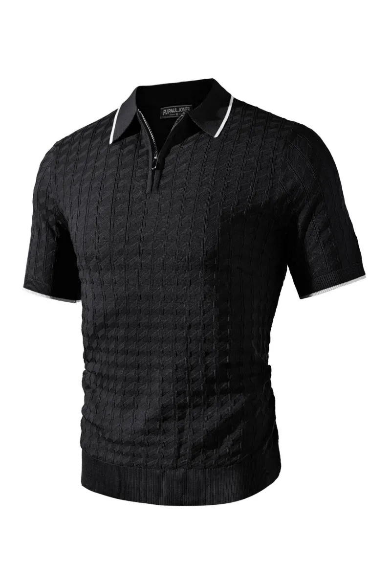 PJ Men Stylish Lapel Collar Knitwear Short Sleeve Zip-up Neck Knitted Shirts sold by Paul Jones product image thumbnail 4