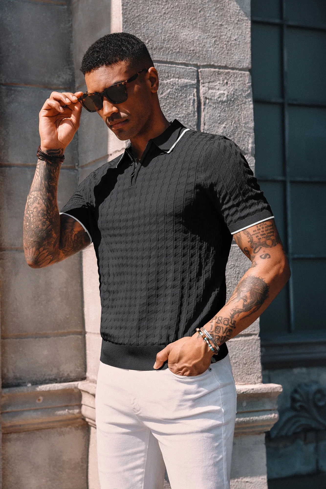 PJ Men Stylish Lapel Collar Knitwear Short Sleeve Zip-up Neck Knitted Shirts sold by Paul Jones product image thumbnail 2
