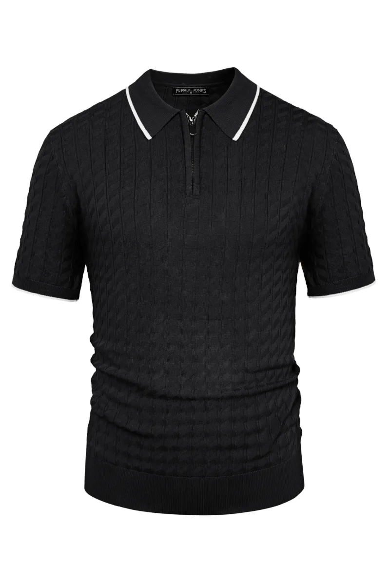 PJ Men Stylish Lapel Collar Knitwear Short Sleeve Zip-up Neck Knitted Shirts sold by Paul Jones product image thumbnail 3