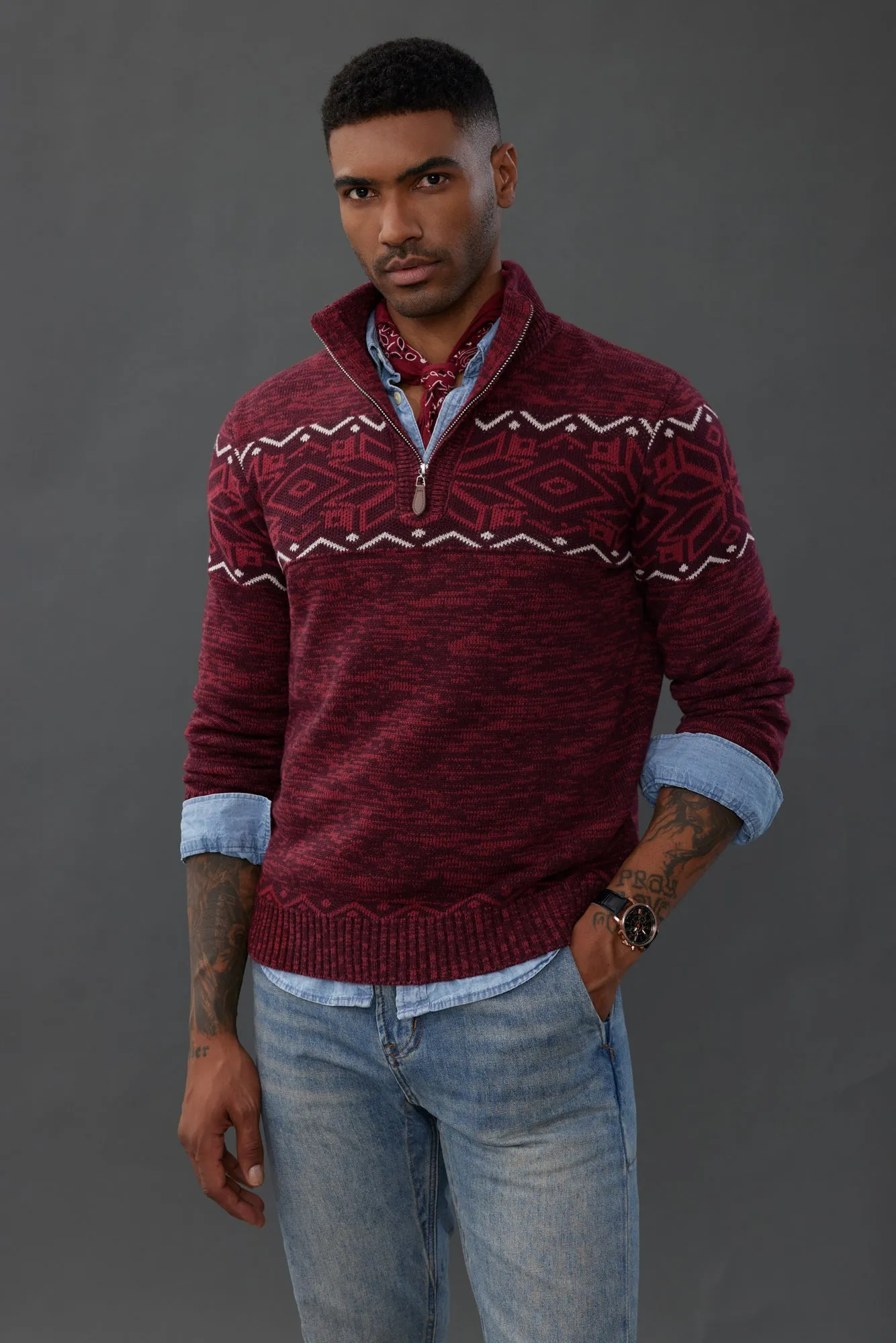 Men's Sweater Mock Neck Sweater Fair Isle Pattern Pullover Sweater sold by Paul Jones