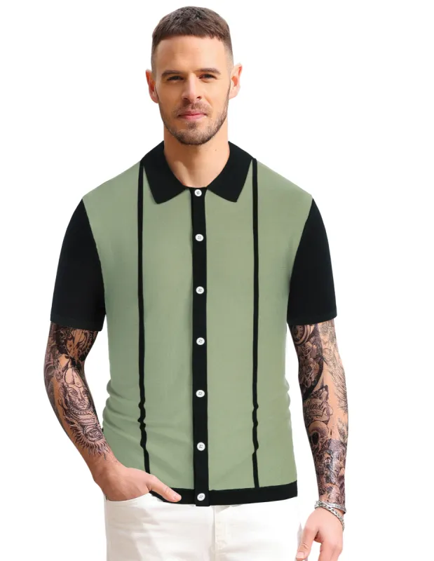 Men Contrast Color Cardigan Sweater Short Sleeve Lapel Collar Knitwear sold by Paul Jones