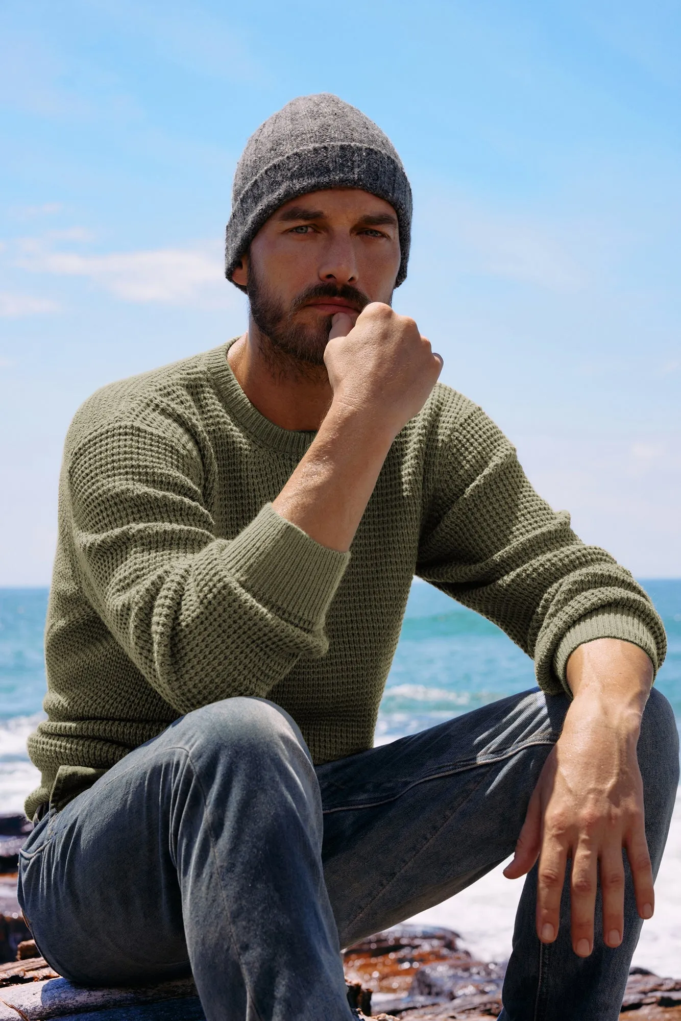 Men's Crewneck Pullover Sweater Waffle Textured Long Sleeve Knitted Sweaters sold by Paul Jones