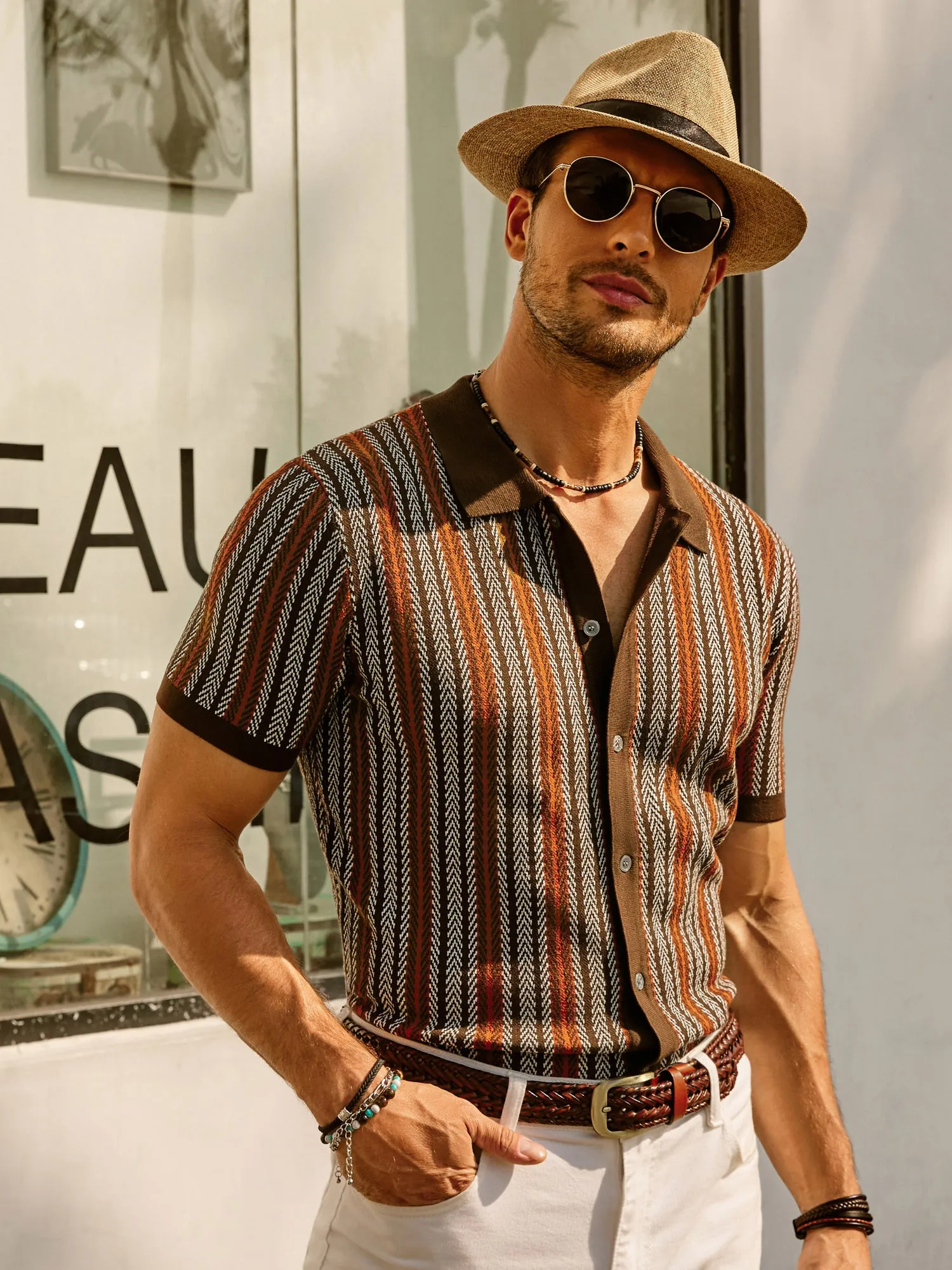 PJ PAUL JONES Men's Polo Shirts Retro Knit Cardigans Shirt 70s Vintage Striped Shirt Short Sleeve Button Down Clothing sold by Paul Jones product image thumbnail 2