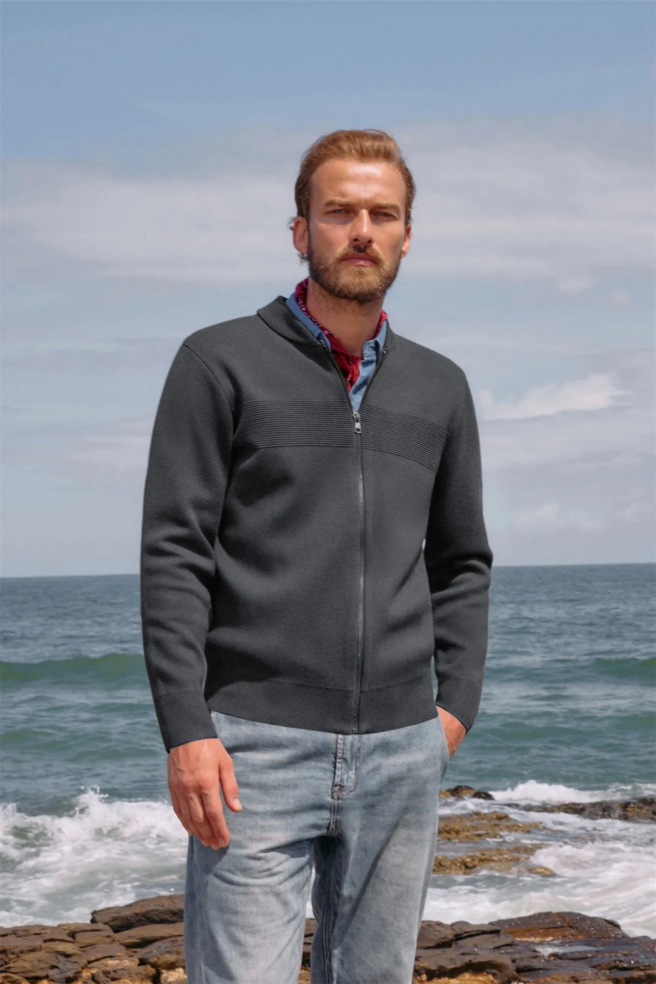 Men's Full Zip Up Sweater Casual Stand Collar Cardigan Lightweight Knit Jacket sold by Paul Jones product image thumbnail 2