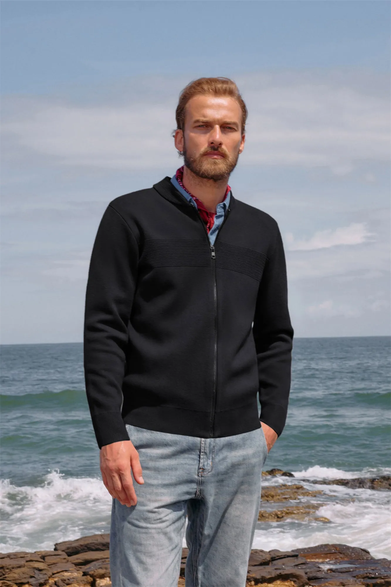 Men's Full Zip Up Sweater Casual Stand Collar Cardigan Lightweight Knit Jacket sold by Paul Jones product image thumbnail 5