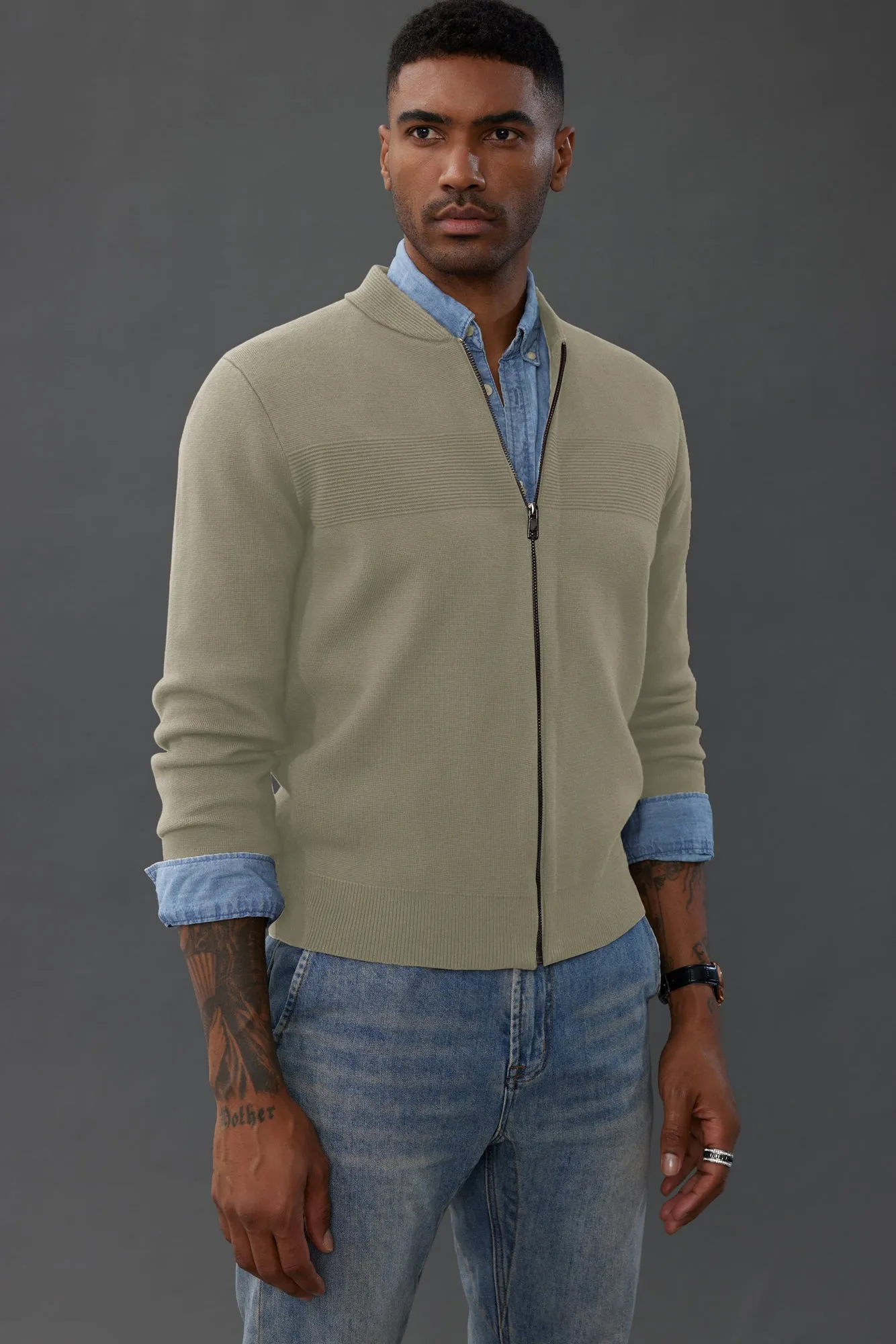 Men's Full Zip Up Sweater Casual Stand Collar Cardigan Lightweight Knit Jacket sold by Paul Jones