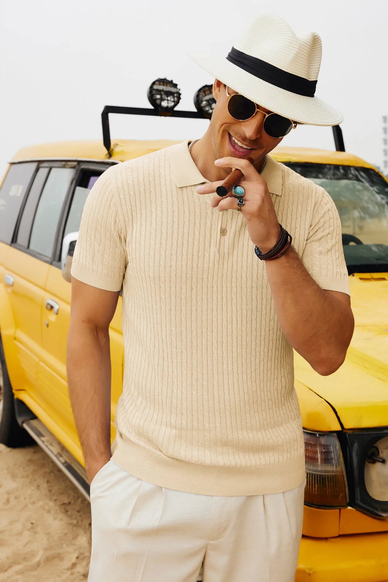 Mens Knitted Polo Shirts Cable Short Sleeve Golf Pullover Polo Shirt Breathable Knitting Polo Shirts sold by Paul Jones