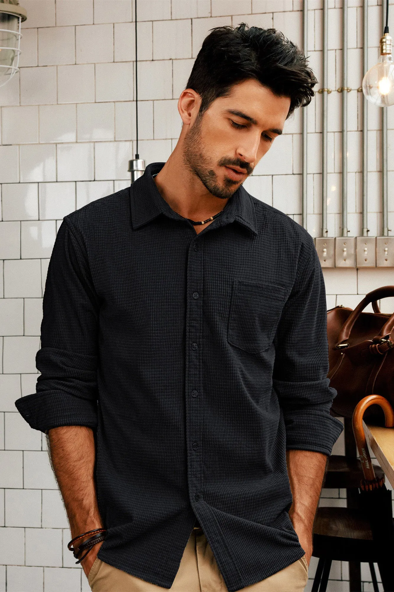 Men Stylish Textured Shirt Long Sleeve Classic Collar Button-up Tops sold by Paul Jones product image thumbnail 4