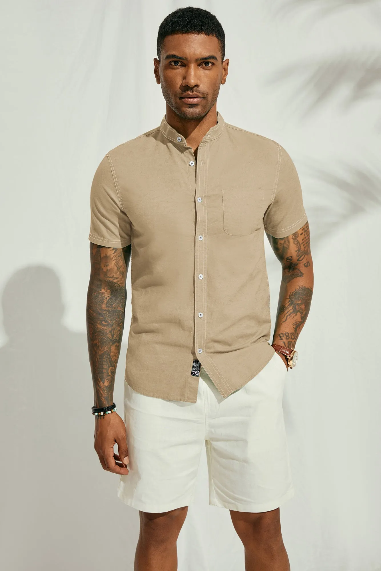 Mens Linen Henley Shirts Band Collar Short Sleeve Hippie Beach Shirts sold by Paul Jones product image thumbnail 5
