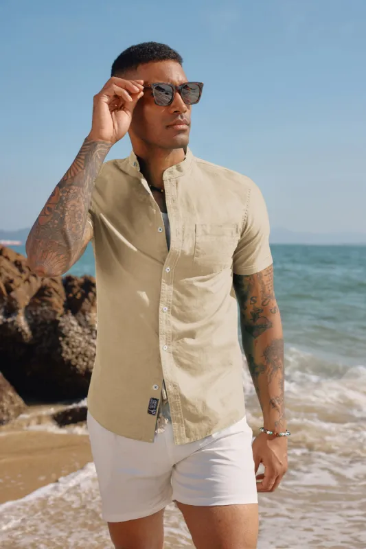 Mens Linen Henley Shirts Band Collar Short Sleeve Hippie Beach Shirts sold by Paul Jones