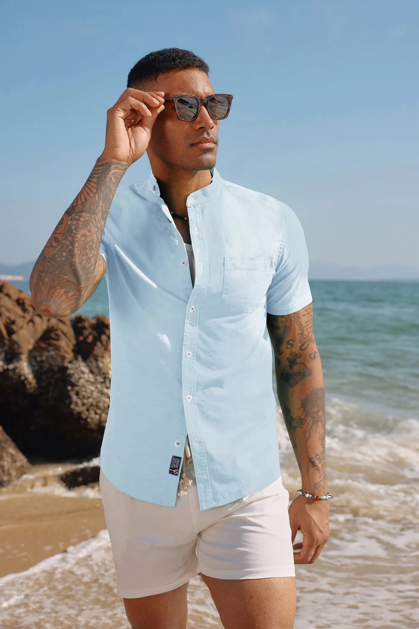 Mens Linen Henley Shirts Band Collar Short Sleeve Hippie Beach Shirts sold by Paul Jones product image thumbnail 2