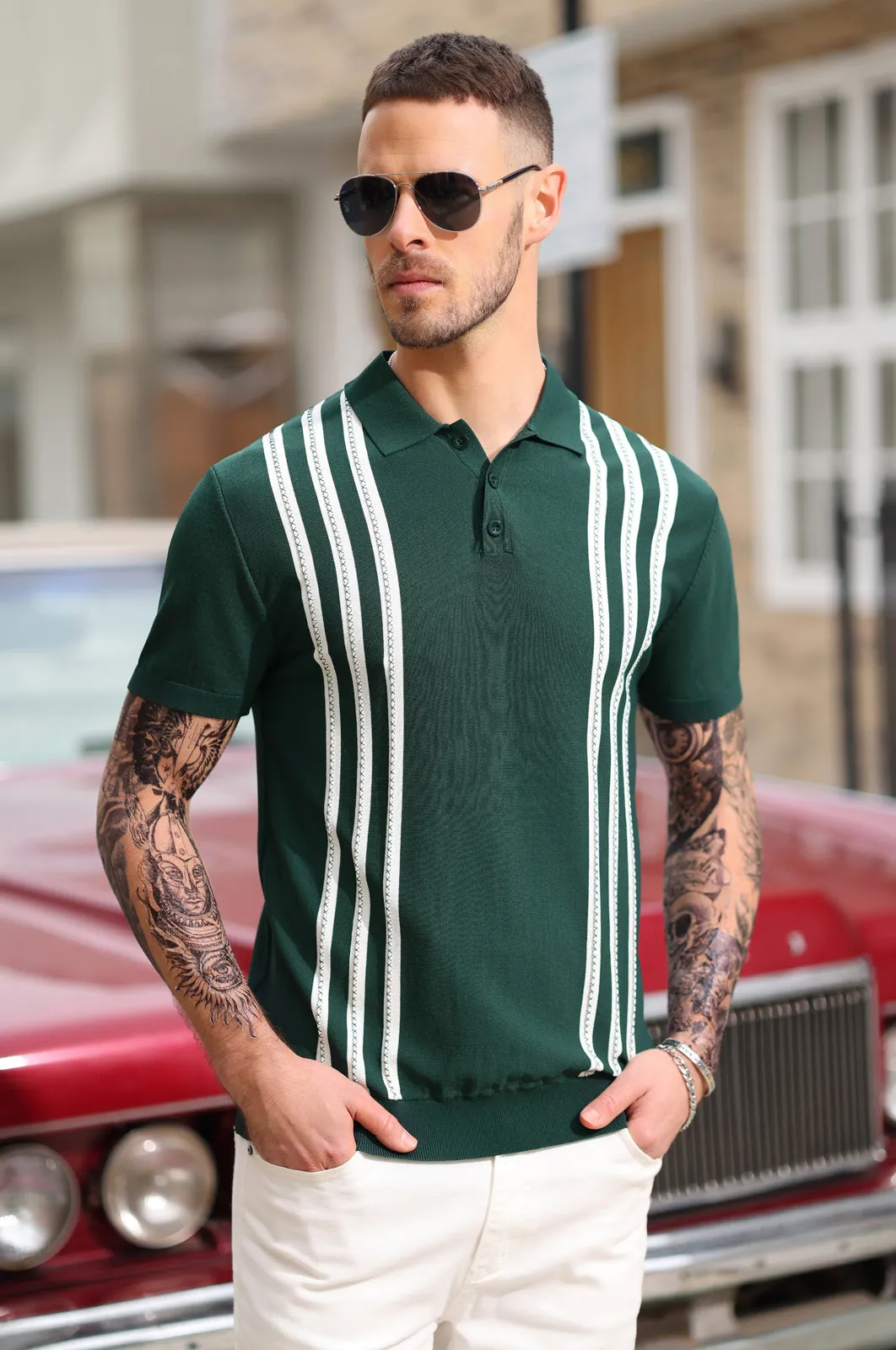 Men's Vintage Stripe Knitted Polo Pullover Shirts Short Sleeve Golf Knit Mens Polo Shirt sold by Paul Jones