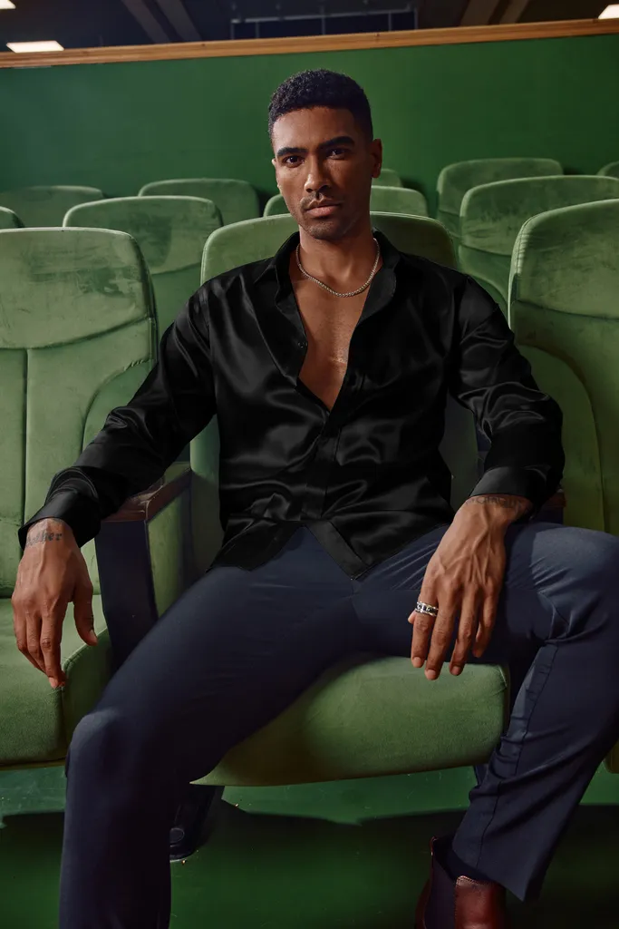 Men's Shiny Satin Dress Shirts Long Sleeve Button Down Silk Cardigans Shirt with Bow Ties sold by Paul Jones product image thumbnail 2