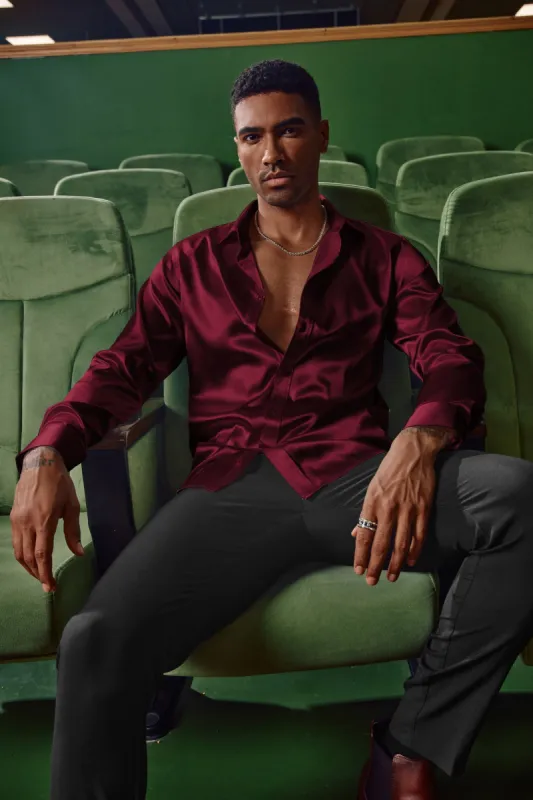 Men's Shiny Satin Dress Shirts Long Sleeve Button Down Silk Cardigans Shirt with Bow Ties sold by Paul Jones