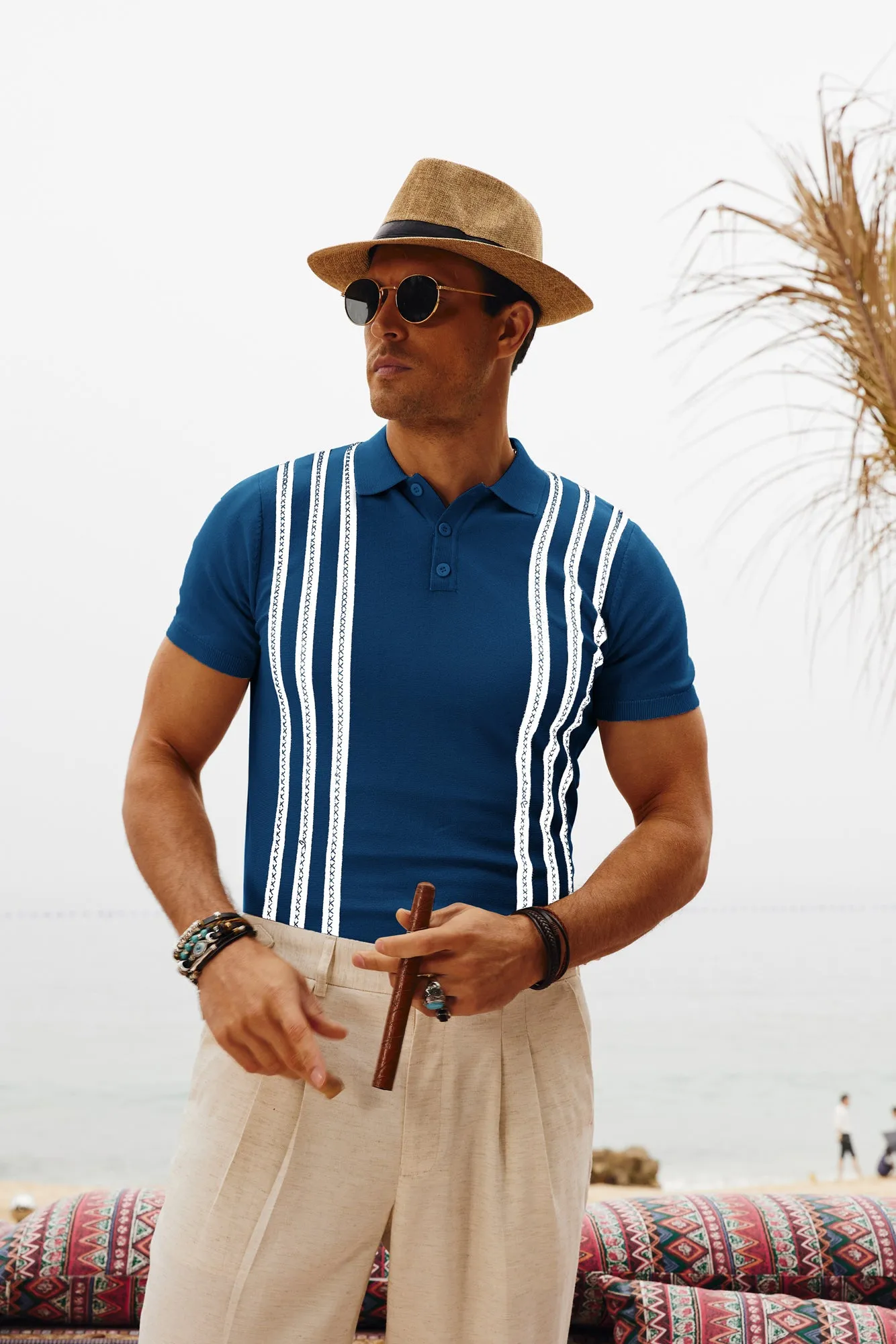 PJ Paul Jones Men's Vintage Stripe Knitted Polo Pullover Shirts Short Sleeve Golf Knit Mens Polo Shirt sold by Paul Jones product image thumbnail 2