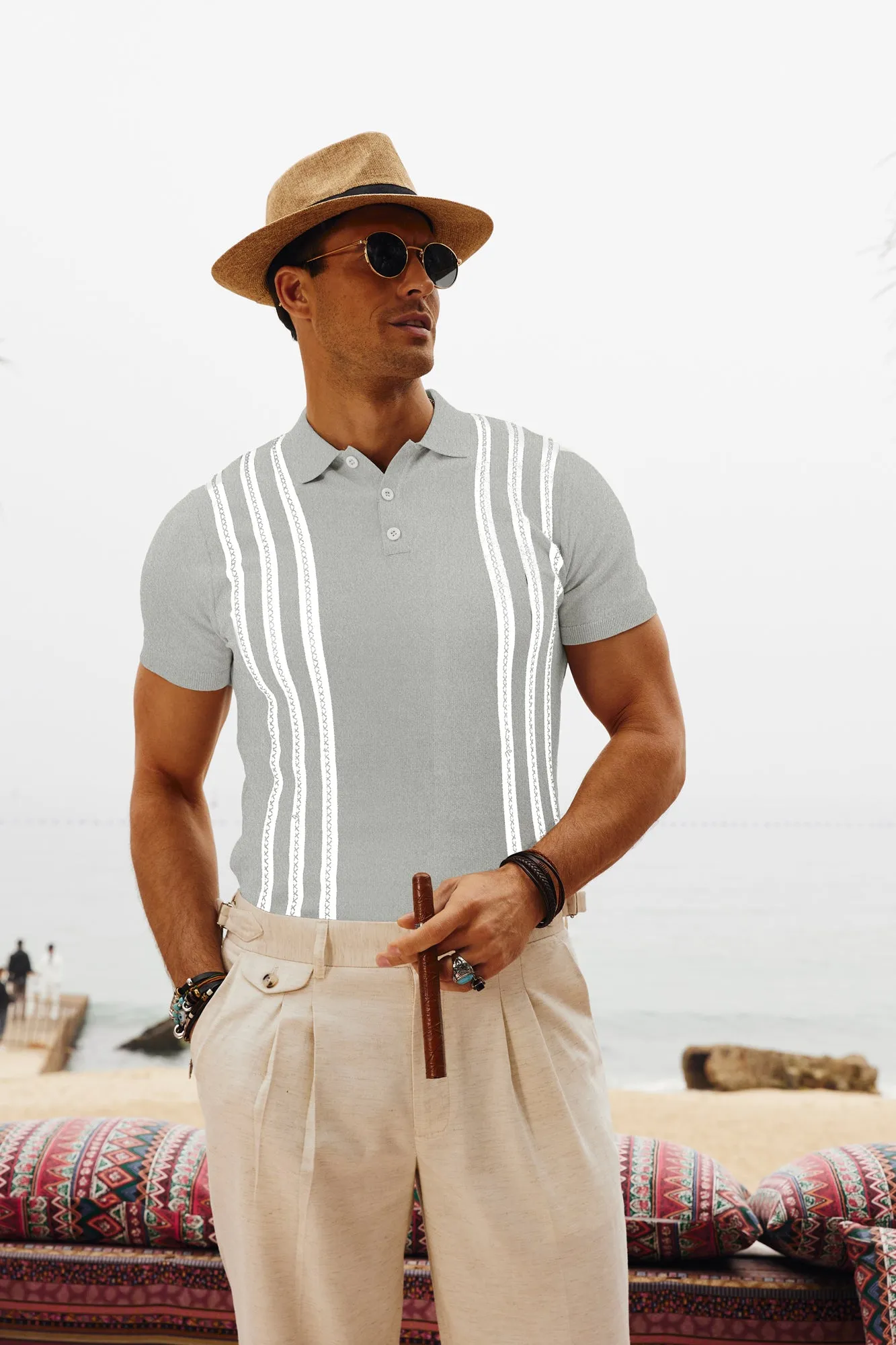 PJ Paul Jones Men's Vintage Stripe Knitted Polo Pullover Shirts Short Sleeve Golf Knit Mens Polo Shirt sold by Paul Jones product image thumbnail 5