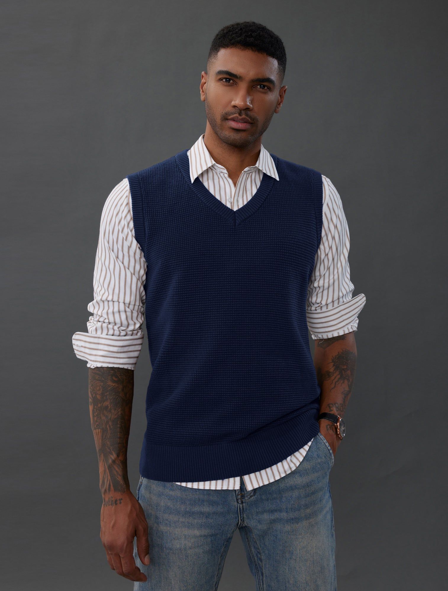 Mens V-Neck Knitted Vest Casual Sleeveless Pullover Sweater Vests sold by Paul Jones