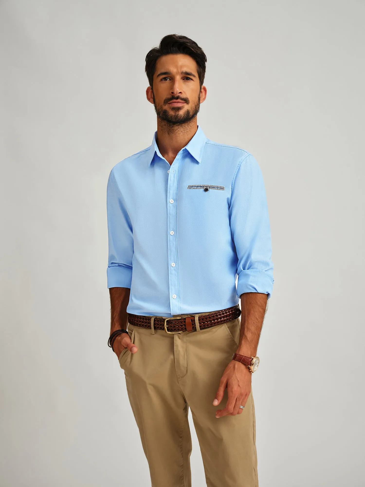 Men Basic Classic Collar Shirt Long Sleeve Curved Hem Button-up Tops sold by Paul Jones