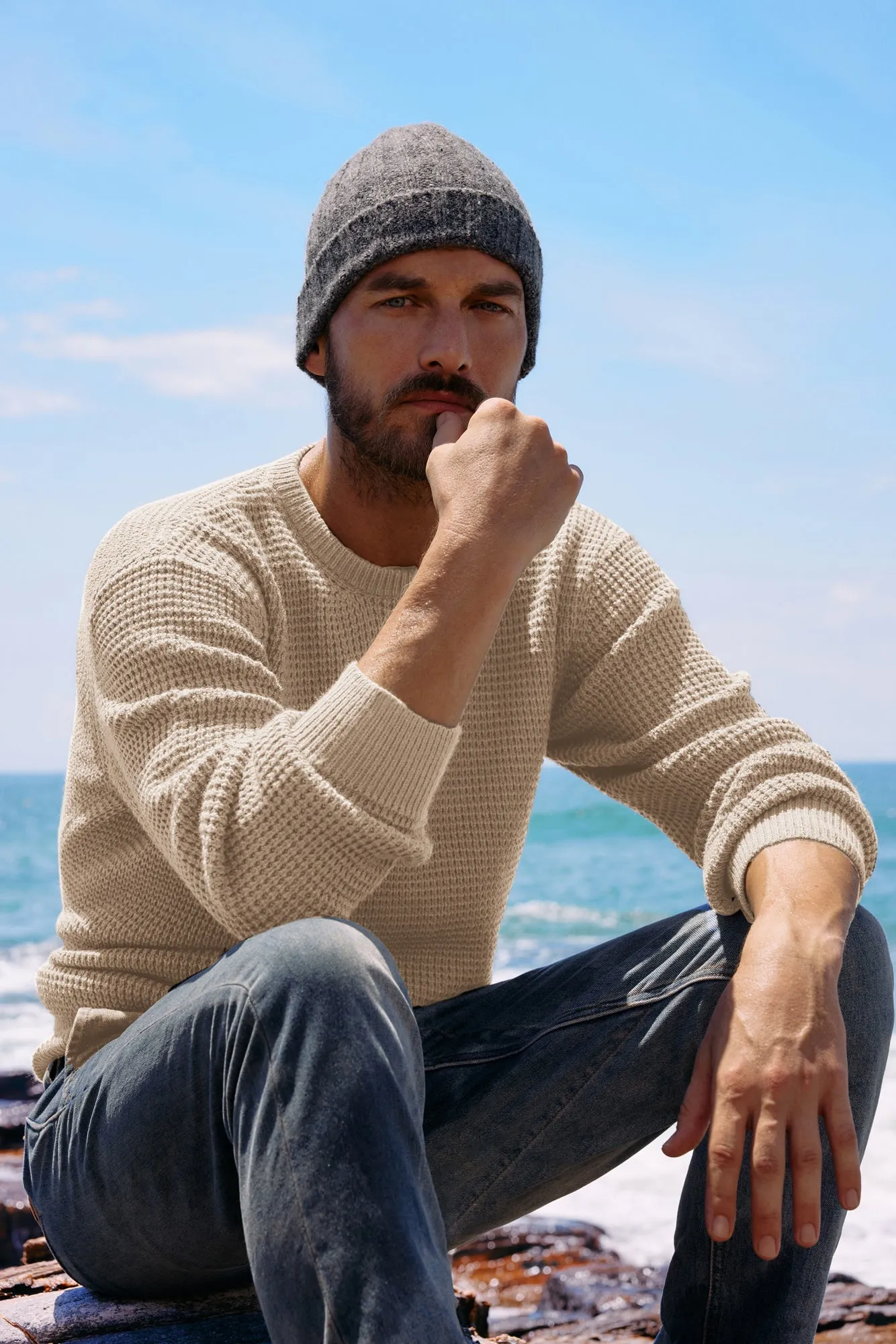 Men's Crewneck Pullover Sweater Waffle Textured Long Sleeve Knitted Sweater sold by Paul Jones