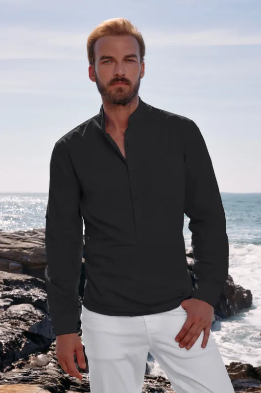 Men's Cotton Henley Shirts Long Sleeve Casual Lightweight Beach Cardigans T Shirts with Pocket sold by Paul Jones