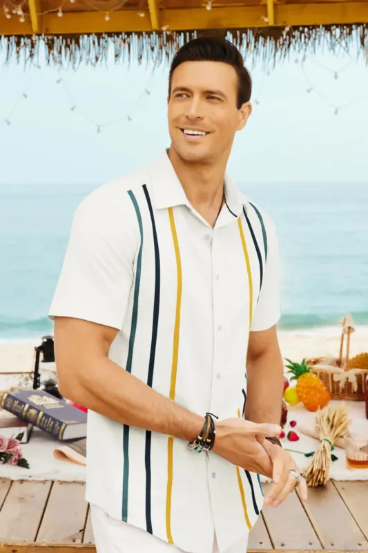 Mens Vintage Bowling Shirts Short Sleeve Striped Button Down Hawaiian Beach Cardigans Shirt sold by Paul Jones